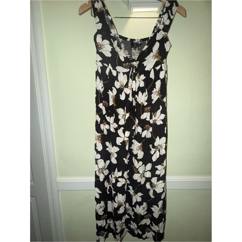 Volcom Floral Tie Front Midi Dress Black White Viscose Smocked Back XS